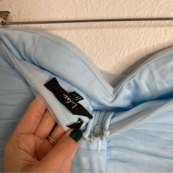 Lulus Delightful Beauty Blue Mesh Strapless Ruched Ruffled Maxi Dress Medium - Picture 5 of 6